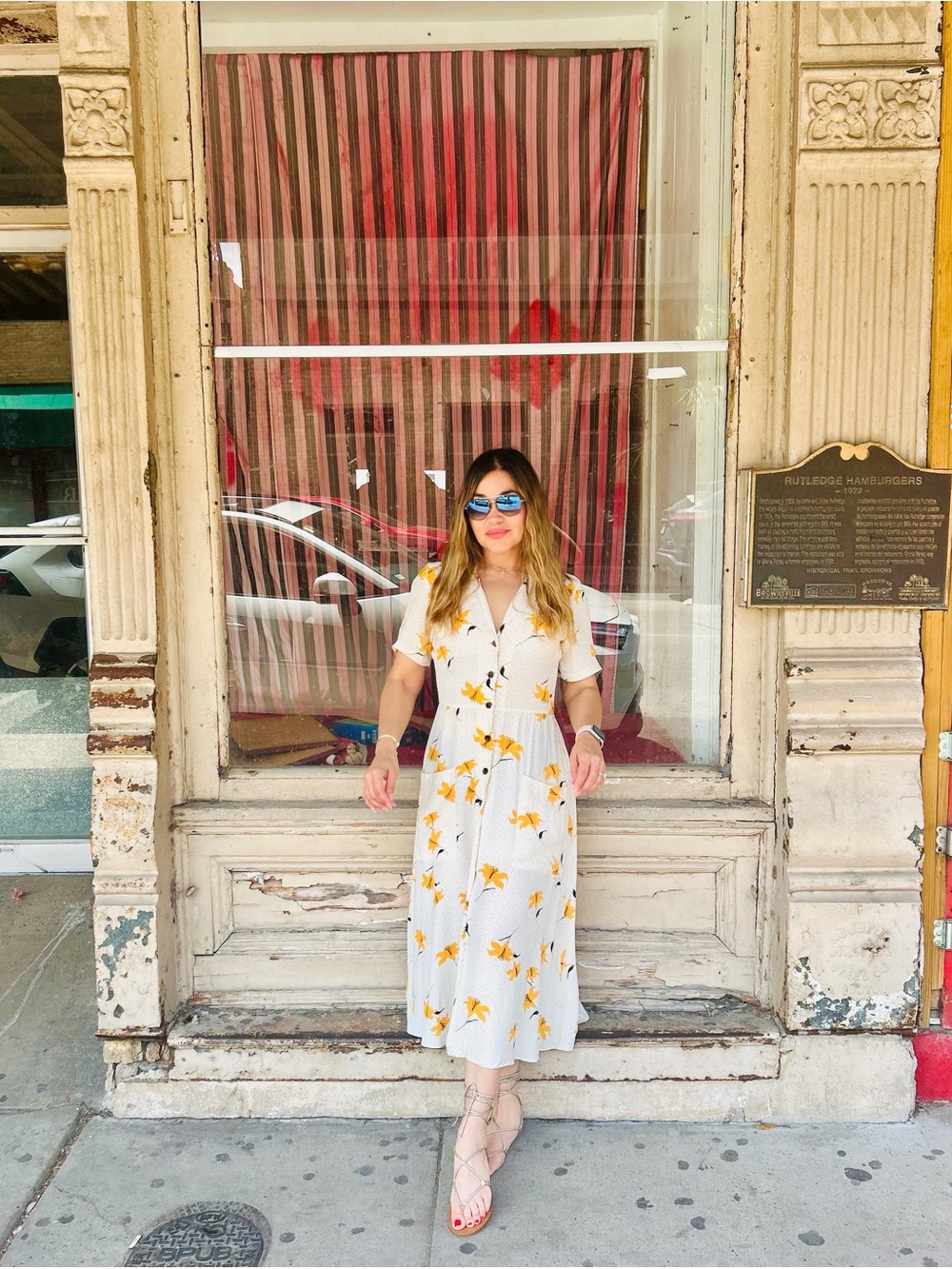 Urban Outfitters White Midi Dress with Yellow Floral Print and Buttons